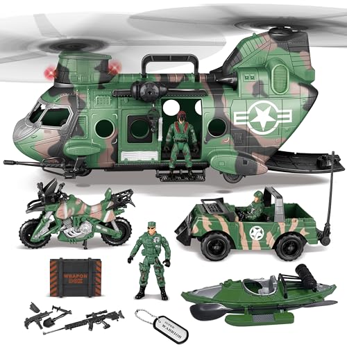JOYIN 10-in-1 Military Helicopter Toys Set with Light, Sound, Trucks, Boat, Bike, Army Men, Weapons - Kids Gifts
