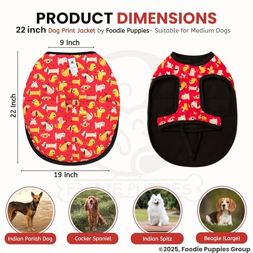 Image of Foodie Puppies Dog Winter Jacket - (Dog Printed, 22 Inch) for Medium Dogs | Ultra Warm Waterproof & Windproof Coat | Adjustable Velcro Closure, Washable Vest for Cold Weather, Indoor & Outdoor Use