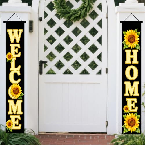 Image of Nuxovilar Welcome Home Sunflower Porch Banners 12x70 Inches Polyester | Spring Porch Sign, Hanging Decor Floral welcome Banner, Sunflower Flower Accent Home, Porch, Yard (Welcome Home)