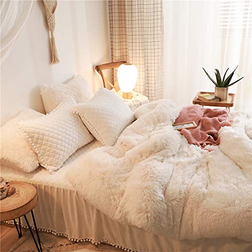Haihua Beige Fluffy Comforter Cover Queen Size， Faux Fur Fuzzy Duvet Cover Set 3 Pieces (1 Plush Duvet Cover +2 Faux Fur Pillowcases) Luxury Shaggy Comforter Bedding ,Zipper Closure (Beige , Queen) #TOP4