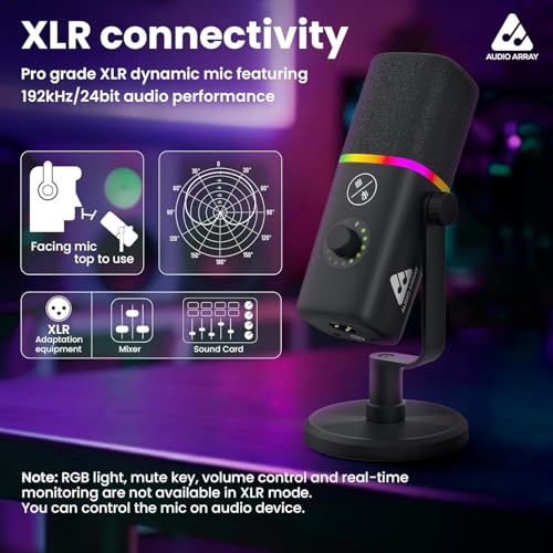Image of Audio Array AM-C45 XLR /USB Professional RGB Dynamic Podcast Microphone | Built-in Monitoring | One Touch Mute Volume & Noise-Cancellation | 2M USB Cable & Metal Base | Streaming, Podcasting, Singing