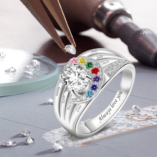 MissNaNa Birthstones Rings for Mothers Personalized Simulated Birthstones & Family Names Rings Promise Rings Sterling Silver Ring for Her Women Mom Mothers Grandma4