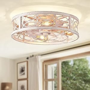 LEDIARY 20″ Caged Ceiling Fans with Lights Remote Control, White Flush Mount Ceiling Fan Small, Bladeless Low Profile Ceiling Fan Light Fixture for Bedroom, Kitchen, Dining Room