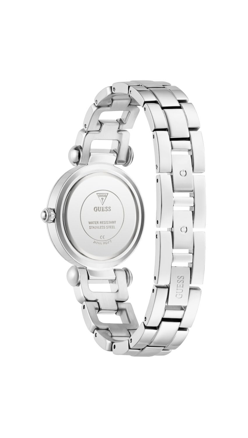 Guess GB Ginger Damen Armbanduhr, Edelstahl, 30 mm, Edelstahlarmband, Silber, 1 bar, Zifferblatt: Silber, Zirkonia, GW0869L3