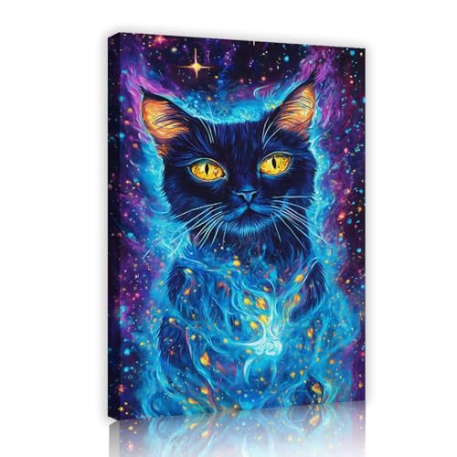 UIRINGART Dreamy Starry Sky Lienzo Lienzo Arte De Pared Místico Gato Azul Pintura Póster Obra de Arte Para Pasillo Sala De Estar Halloween Decoración De Pared 70x110cm Marco Interior