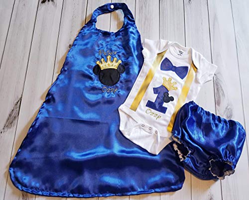 KING or PRINCE MICKEY ROYAL BLUE 1st 2nd birthday Smash cake photo prop gold crown onesie cape diaper cover 6 months to 24 months