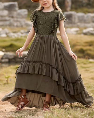 BIBIHOU Girls Lace Dress Boho Backless A Line High Low Hem Party Flower Girl Dress 6-14 Years3