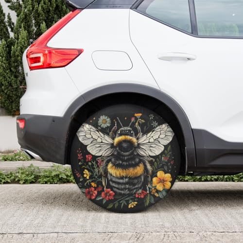 Image of Spare Tire Cover Bee and Flowers Wheel Covers Protectors Waterproof Dust-Proof Universal Fit Trailer, RV, SUV and Many Vehicle 16 Inch
