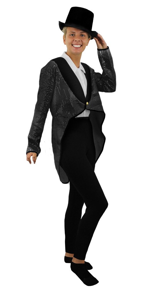 LADIES BLACK SEQUIN TAILCOAT + BLACK TOP HAT FANCY DRESS ACCESSORY SET DANCE SHOWS MUSICALS OUTFIT CABARET UNISEX TAIL COAT (UK 22-24)