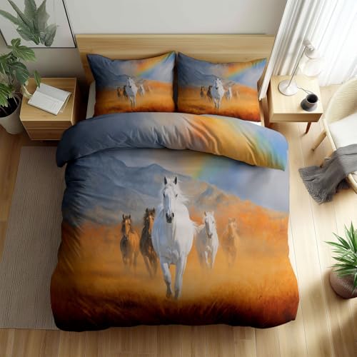 Srigzcaly Juego de ropa de cama de 135 x 200 cm, diseño de animales con caballos, prado, suave microfibra, juego de funda nórdica para niños y niñas, color amarillo, con cremallera y fundas de