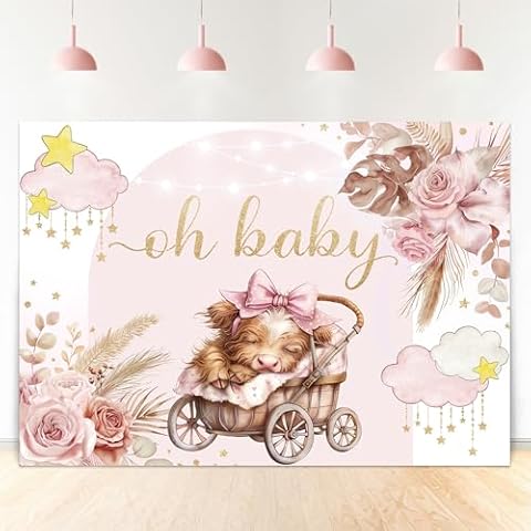Ufeela Highland Cow Baby Shower Backdrop 7Wx5H Feet Fabric Polyester Girl Pink Boho Floral Pampas Grass Arch Cute Flower Rose Plant Leaves Photography Background Banner Photo Shoot Decor Props Cover
