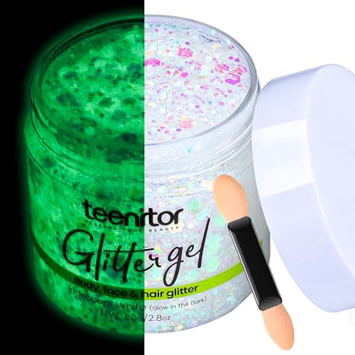 Teenitor 80g Glow in The Dark Body Glitter Gel Face Glitter Gel Hair Glitter for Kids Makeup Face Glitter for Women Rave Festival Carnival Eye Iridescent White Hair Glitter Gel for Mermaid Makeup