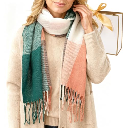 Image of Vinuwu Ladies Scarf Gift Set In Box, Women's Scarves & Wraps For Christmas, Xmas Gift For Mum Wife Girls, Acrylic Fiber Plaid Scarf For Women UK, Pink + Green