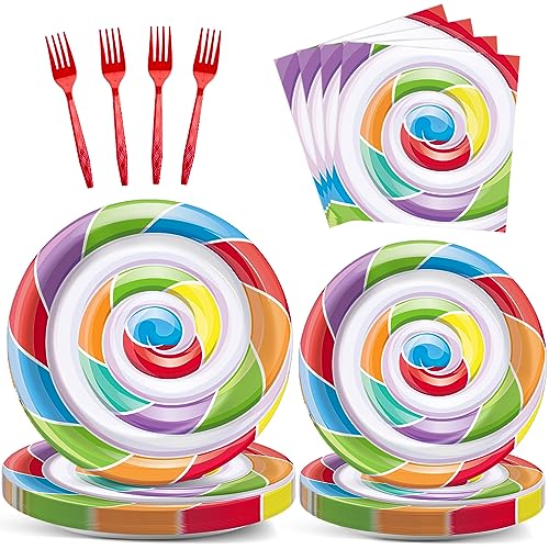 Image of 96pcs Candy World Party Supplies for 24 Guests Sweet Candy Tableware Set Lollipop Plates Napkins Dinnerware Table Decorations for Birthday Pink Donut Party Favors