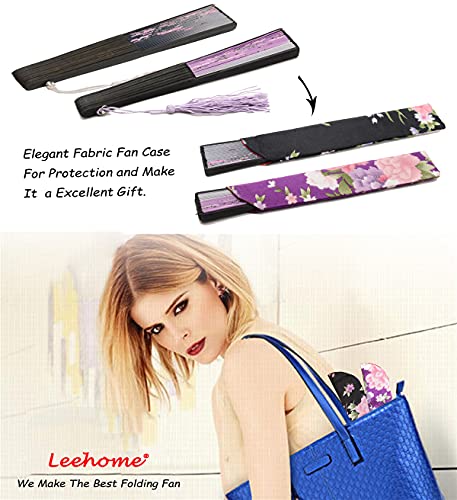 Leehome Small Folding Hand Fans for Women -Chinese Japanese 2pcs Vintage Bamboo Silk Fans - for Dance, Music Festival, Wedding, Party, Decorations,Gift. (Grey & Purple Sakura Butterflies)