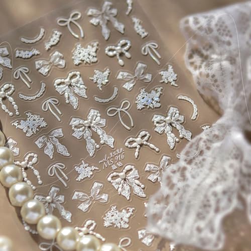 Image of NBNTGH Pearl Bow Nail Stickers - 5D Elegant Self Adhesive Nail Decals White Lace Design for Women Manicure DIY Decoration Accessories (1 Sheet)
