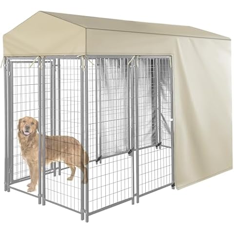 Iceberg Elf Outdoor Dog Kennel Cover Half Coverage for 8'Dx4'Wx6'H 600D Heavy Duty Waterproof Kennel Covers for Dog Cages(Cover Only) Khaki Cover
