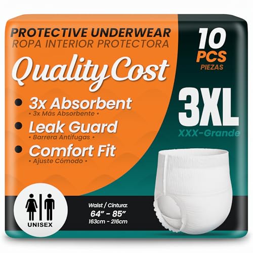 QualityCost Adult Diapers Men and Women Incontinence Overnight Pull-Ups – Pull-On Briefs, Disposable Undergarments, Maximum Absorbency, Leak Proof, Single-Use, 3XL (64–85 inch Waist), 10 Count