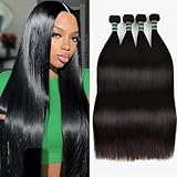 Afeier Straight Bundles Human Hair 20 22 24 26 Inch Straight Hair 10A Double Weft Hair Extensions for Women 4 Bundles Deals 100% Unprocessed Virgin Human Hair Natural Black