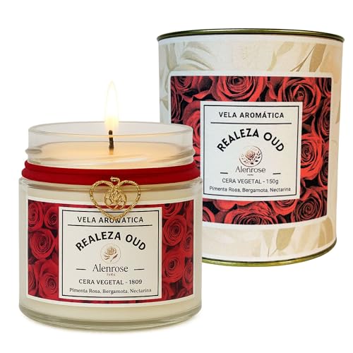 Alenrose Vela Aromática Realeza Oud – Pimenta Rosa, Bergamota, Nectarina - Cera de Coco 100% Vegetal, 150g, 30h de Queima, Pote de Vidro com Lata Decorativa de Luxo