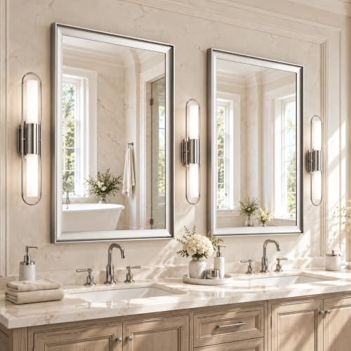 Laventis 2 Pack 24x36 Inch Brushed Nickel Bathroom Mirrors for Over Sink | Curved Aluminum Frame Rectangle Vanity Mirror Set for Double Sink, HD Tempered Glass, Anti-Rust, Horizontal or Vertical