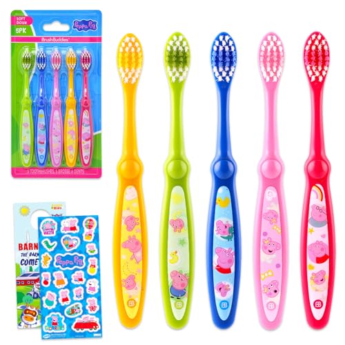 Peppa Pig Toothbrush Set - Bundle with 5 Toothbrushes Plus Stickers More | Peppa Pig Oral Hygiene Kit for Girls Kids and Toddlers