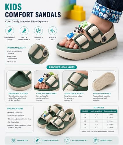 Image of Kids Sandals e, Beige and Green, Adjustable Buckle Straps, Comfortable