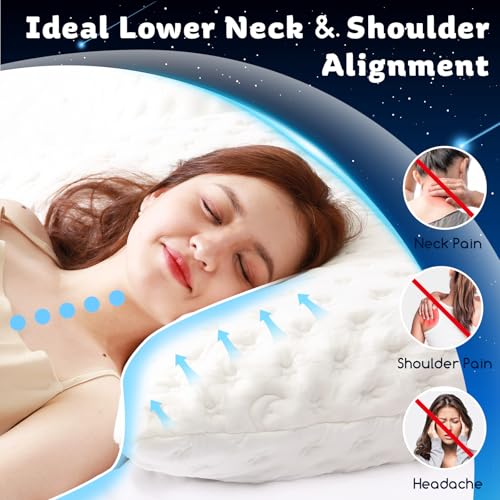 Cooling Side Sleeper Pillow for Neck and Shoulder Pain, Luxury Shredded Memory Foam Curved Bed Pillows for Sleeping Set of 2- Adjustable King Size- Washable Cover Crescent White