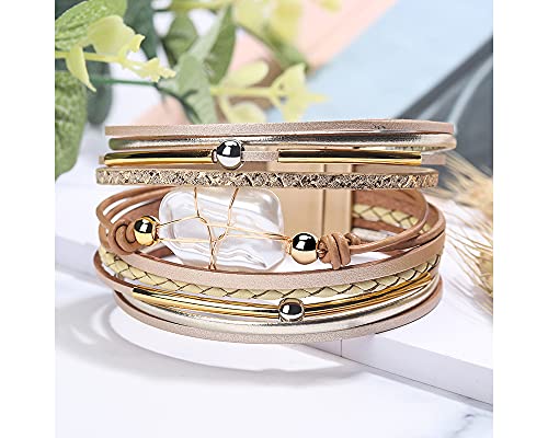 Image of Fesciory Leather Wrap Bracelets for Women, Boho Leopard Multi-Layer Crystal Beads Cuff Bracelet Jewelry