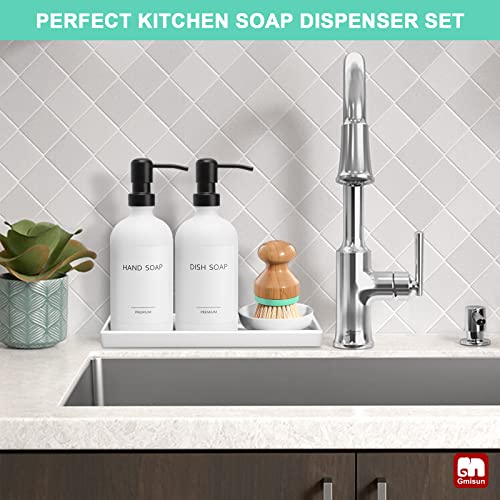 Gmisun Kitchen Soap Dispenser Set, 16 Oz Hand And Dish Soap Dispenser With Ceramic Tray & Bamboo Dish Brush, 2 Pack White Glass Liquid Pump Bottle, Modern Farmhouse Refillable Dish Soap Bottle #TOP6