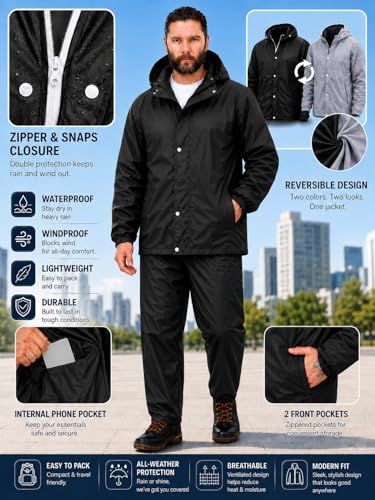 Image of Mens Raincoat Suit with Pant Set Modestra Series | Waterproof Lightweight Breathable Rain Wear | Strong Stitching, Elastic Cuff & Waterproof Zipper Raincoat for men waterproof