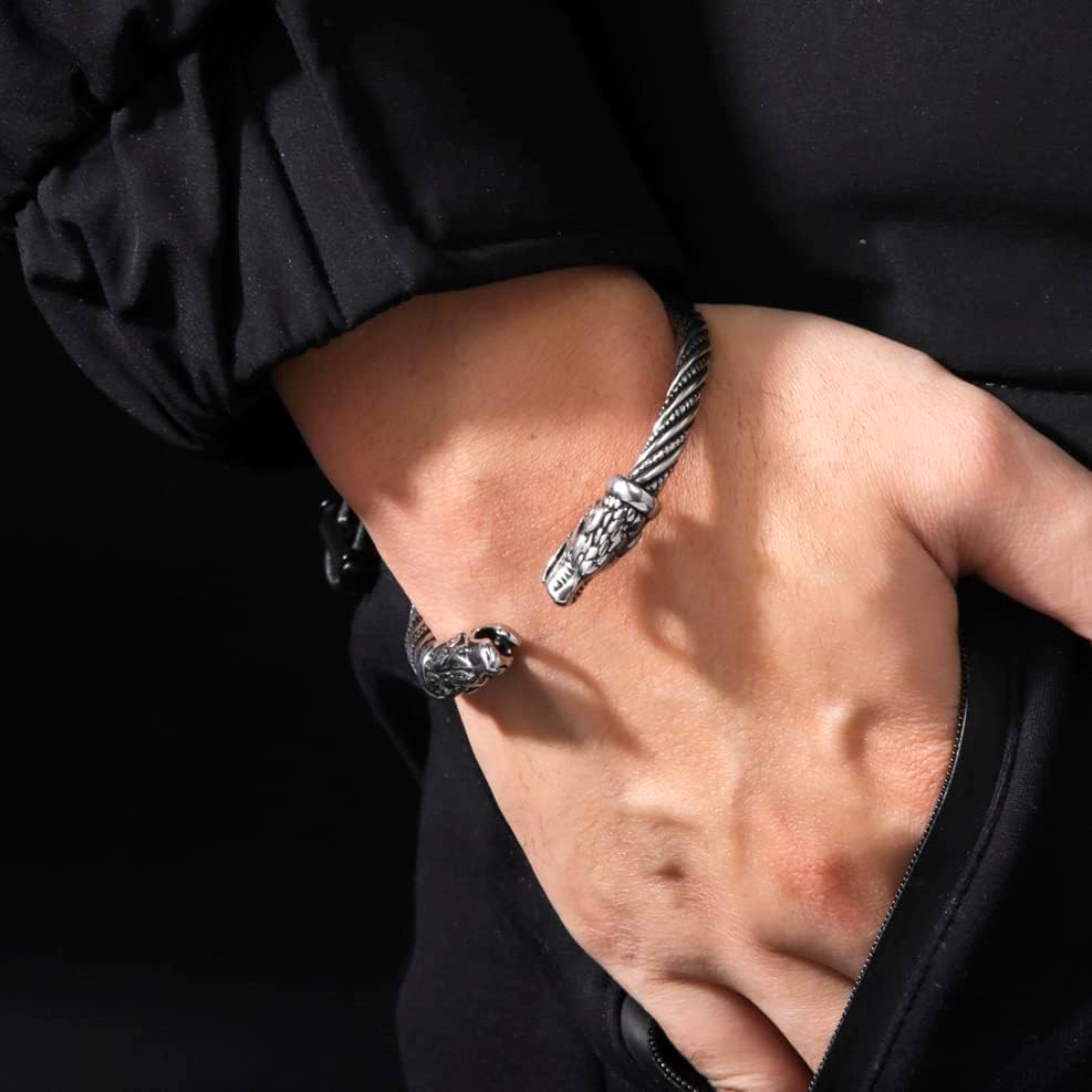 Norse Viking Bangle for Men Odin's Fenrir Wolf Head Arm Ring Stainless Steel Viking Wolf Twisted Cable Adjustable Open Bangle Cuff Bracelet for Men Jewelry - Image 2