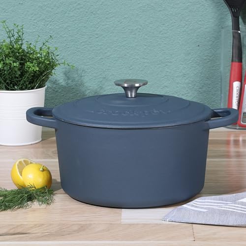 Image of Crock-Pot Artisan 5-Quart Round European Enameled Cast Iron Dutch Oven with Lid - Matte Navy Blue, Durable Oven Safe Cookware