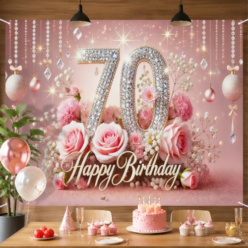 Image of Nuxovilar 70th Birthday Banner - Elegant Pink & Gold Floral Backdrop