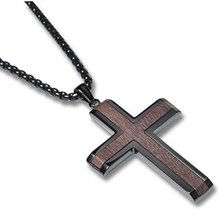 Wooden Cross Necklace for Men, Authentic Handmade Ebony Production, Black Mens Cross Necklaces Christian Baptism Pendant, 24 Inch Stainless Steel Box Chain, Simple Jewelry Gifts Suitable for Men