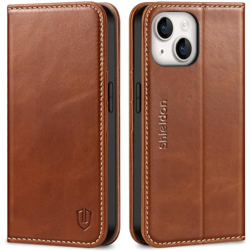 Shieldon Case for iPhone 14 5G Genuine Leather Wallet Case RFID Blocking Stand Function Shockproof Full Protection TPU Case Compatible with iPhone 14 61 2022 Retro Brown