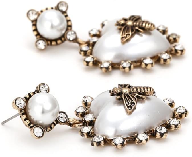 Bee Earrings for Women, Cute Honey bee Earrings, Pearl Heart Honeybee Dangle Earring Hypoallergenic, Insect Queen Bees Drop Earring, Bohemian Honeybee Statement earrings Studs, Bee Jewelry Funny earring