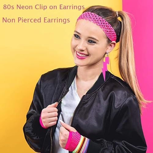 80S Neon Earrings Exaggerate Punk Lightning Bolt Clip On Earrings Halloween 1980S Party Non Pierced Clip Earrings For Women Girls (Rose Red) #TOP3