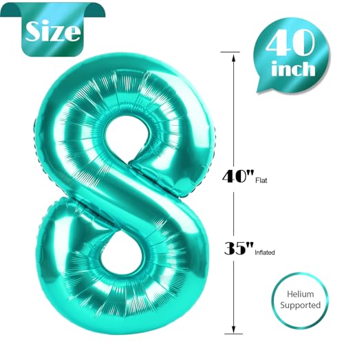 Image of Teal Blue 8 Balloon, Number Balloons 40 Inch, 8th Birthday Decorations, Birthday Balloons, Teal Blue Party Supplies, Number 8 Balloon