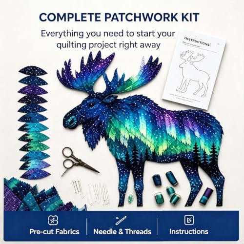 Northern Lights Wildlife DIY Patchwork Kit, Layered Pre-Cut Starry Fabric Pieces, Easy Quilt Sewing Kit for Adults, Beginner Handmade Wall Art,Bear - 4