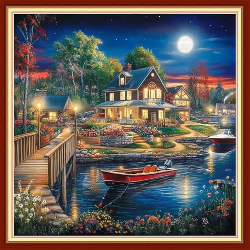 Image of Joyhoor Cross Stitch Kits for Beginners Stamped Cross-Stitch Supplies Needlework preprint Embroidery Kits for Adults DIY Needlepoint Kits Embroidery Patterns 11CT-Night Moon Home 18x18 inchs