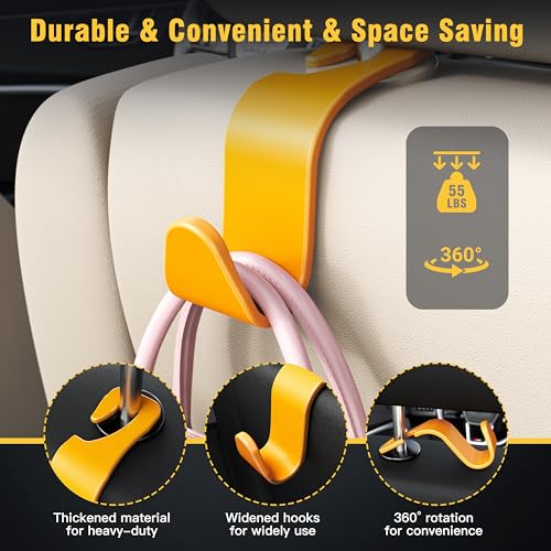 Image of Amooca Car Seat Headrest Hook 4 Pack Hanger Universal Vehicle Car Storage Organizer for Handbag Purse Coat S Type Yellow