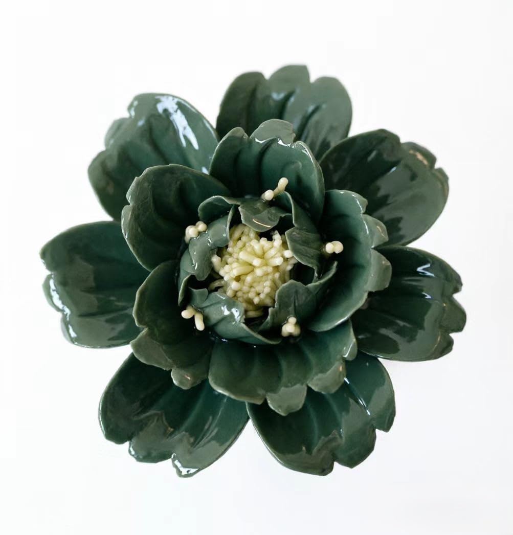 AMERRY Peony, 3.54" Ceramic Wall Art, Artificial Flower Wall Sculpture, Handcrafted 3D Hanging Porcelain Flowers, 3D Wall Hanging Decor, Porcelain Flower Wall Décor for Home (Dark Green)