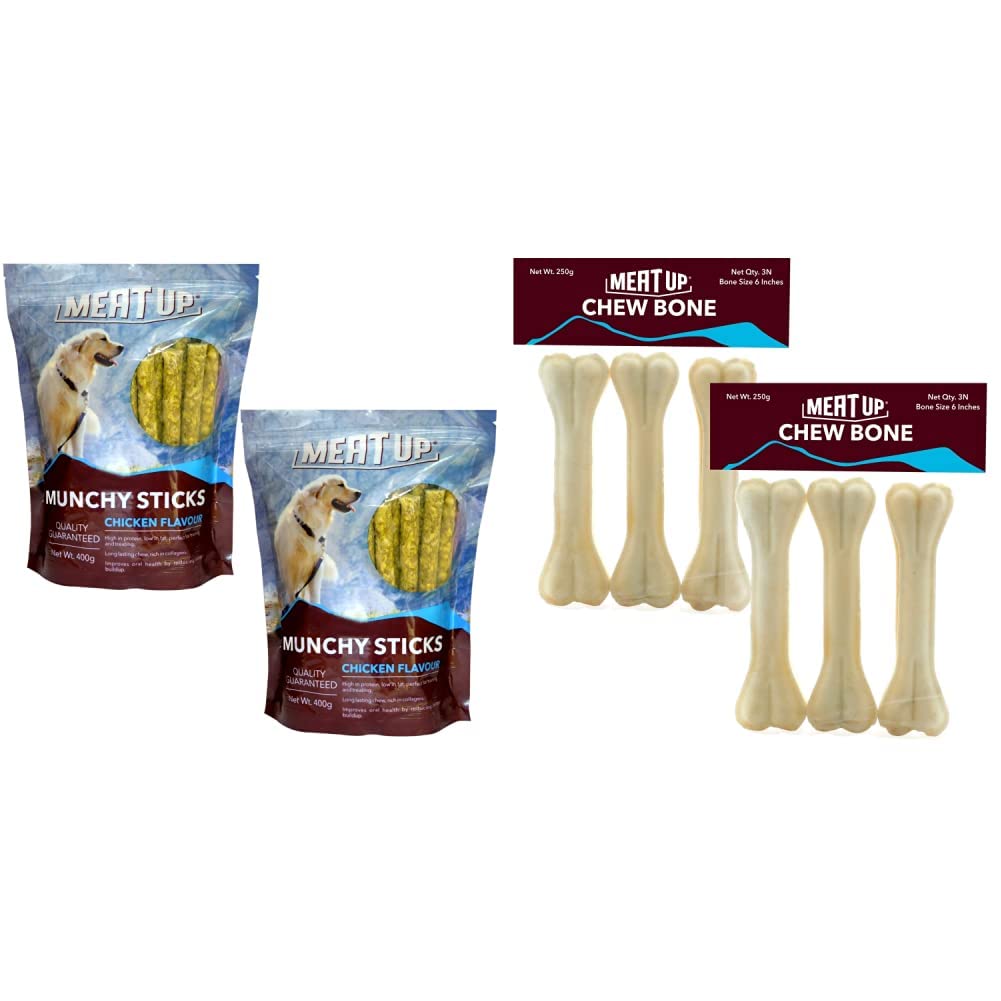 Meat Up Munchy Sticks, Chicken Flavour, Dog Treats, 400 g (Buy 1 Get 1 Free) & Meat Up Pressed Chew Bones, 6 inches - Pack of 3 Bones (Buy 1 Get 1 Free) (B087DGXL5X) Amazon Price History, Amazon Price Tracker