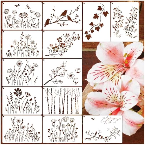Image of Wildflower Stencils for Painting on Wood, Vine Cherry Blossom Bird Tree Leaf Stencils for Crafts Reusable Wood Burning Drawing Art Paint and Patterns for Wall Cake Cookie (13 Spring A5) (Wild flower)
