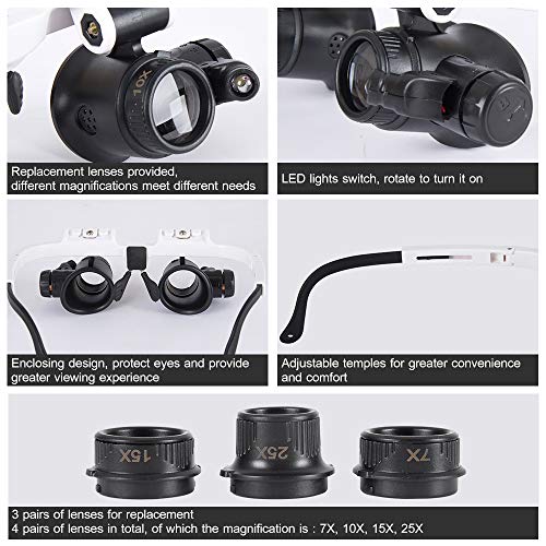 Lechnical Lupas de olhos binoculares Lupas de joias Estilo de Lupa Lupa com 2 luzes LED para joalhei