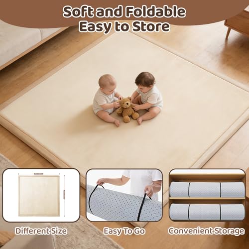 Image of Baby Play Mat for Floor, 1.3 Inch Thick Memory Foam Tummy Time Mat with Non Slip Backing, Soft Coral Velvet 59X79 Inch Playpen Mat Crawling Tatami for Infants Toddlers Kids, Beige