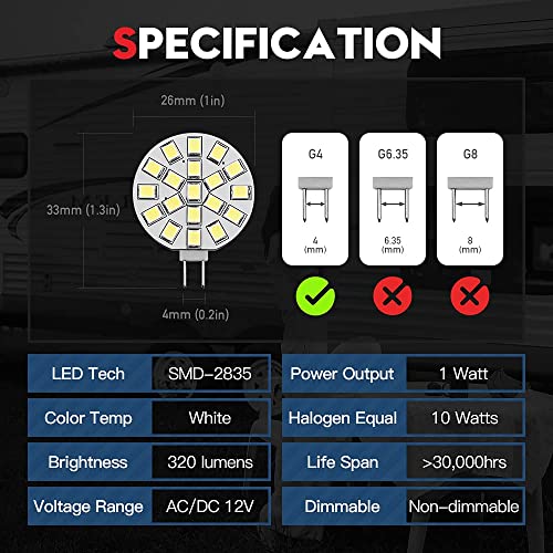 Vehicode G4 Led Bulb 12V Ac/Dc Daylight White 10W Halogen Equivalent Puck Cabinet Spot Light Bright 6000K Jc Bi-Pin Base Round Lamp Replacement For Outdoor Landscape Rv Camper Marine Boat (4 Pack) #TOP5