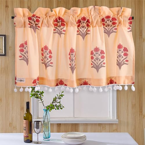 Image of Ravaiyaa - Attitude is everything Hand Printed Half Window Kitchen Curtain 100% Cotton Short Drapery Valance Curtain 40 inch X 18 inch Inch (Peach Floral)