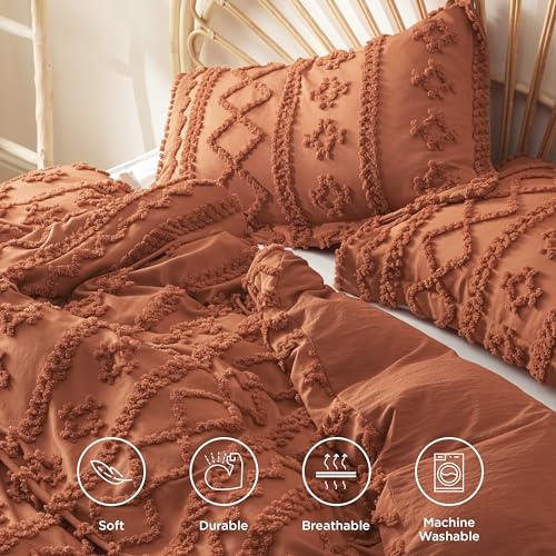 Image of Bedsure Boho Duvet Cover Queen Size, Soft & Comfortable Elegant Design Boho Bedding for Decoration, Machine Washable Comforter Cover for All Seasons,Includes 1 Duvet Cover & 2 Pillow Shams,Terracotta